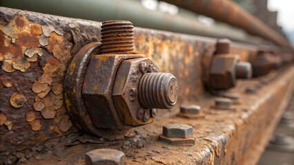 A close-up shot focuses on a series of heavily rusted bolts and nuts securing a weathered metal flange. The rust dominates the scene, giving the hardware an orange-brown patina with textures of flakin