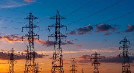 ​A striking silhouette of large electrical transmission towers and wires set against a vibrant and beautiful sunset sky