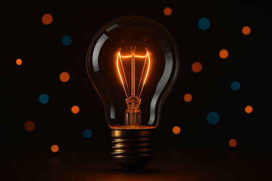 AI generated realistic artwork of light bulb glowing with orange filament against dark background surrounded by floating orange and blue bokeh lights symbolizing creativity imagination and inspiration