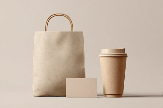 mockup image:  set of blank cafe items( coffee cup, paper shopper bag, business card) with modern minimalist natural beige background. best use for branding and building a visual identity for cafe. 