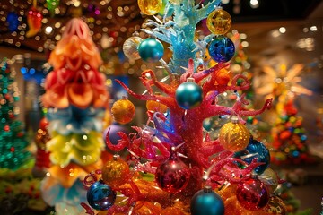 Vibrant festive holiday trees adorned with colorful glass ornaments sparkle with joy and celebration