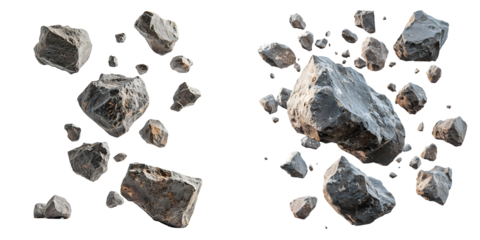 Space rocks in scattered floating formation isolated on a transparent background
