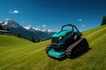 An autonomous electric tractor mows a steep green lawn in the mountains.