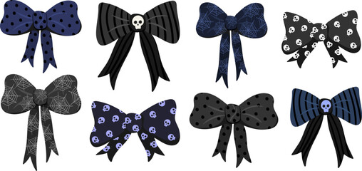 gothic halloween bows set spooky black ribbon collection with skulls spider webs polka dots dark cute accessories vector