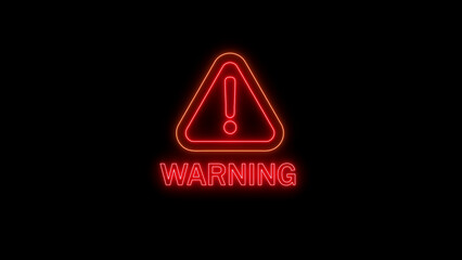 Red Neon Warning Sign with Exclamation Mark Triangle and Text on Black Background alert attention