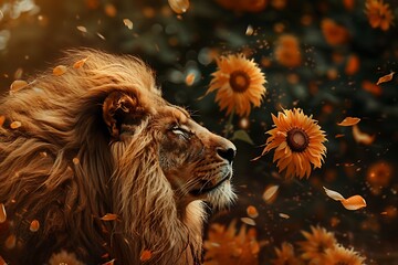 Majestic lion with flowing mane surrounded by vibrant sunflowers and falling petals in warm golden light
