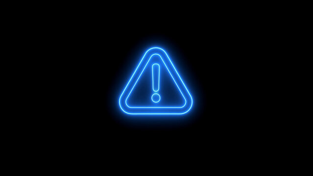 Glowing Blue Neon Exclamation Mark in Triangle Warning Sign on Black Background alert attention