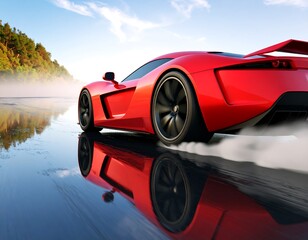 A vibrant red sports car speeding across a reflective surface, leaving a trail.