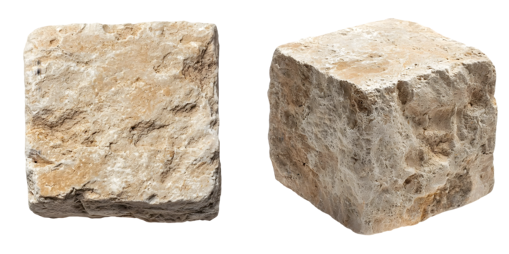 Square beige stone block with a rough, textured surface, ideal for construction, landscaping isolated on a transparent background - Powered by Adobe