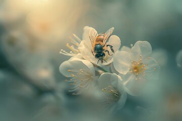 Delicate bee gently lands on soft white blossom, capturing spring's vibrant essence and pollination.