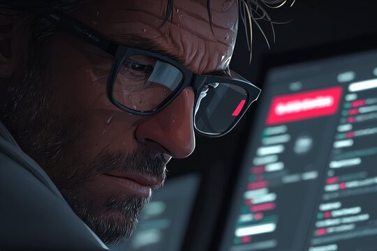 Intense caucasian male hacker in glasses coding on monitors at night