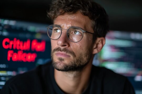 Thoughtful young caucasian male programmer with critical error on screen