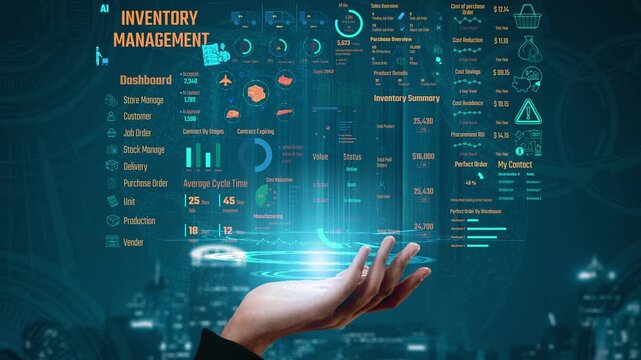 Inventory management dashboard showing supply chain performance, stock levels, order cycle times, cost reduction, and procurement ROI. Inventory tracking, and streamline warehouse efficiency. Thunk