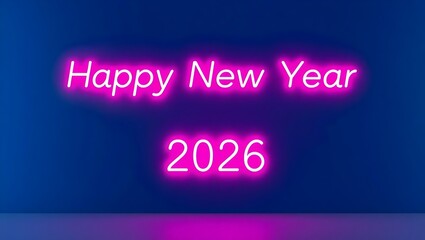 Neon pink and icy white Happy New Year 2026 glowing sign on smooth matte navy blue wall with copy space