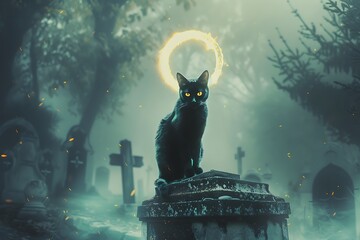 Mysterious black cat with glowing halo sits atop gravestone in foggy, eerie cemetery at night
