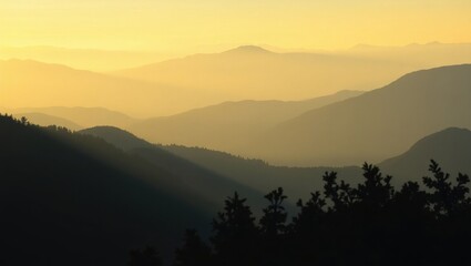 Fototapeta premium Golden haze over layered mountain peaks at sunrise