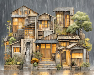 Monsoon Heritage House Charming houses under a rainy sky. Rainy Season Village Life Traditional Home in Storm