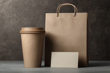 a high quality mockup image:  set of blank cafe items( coffee cup, paper shopper bag, business card) with modern  minimalist background. best use for branding and building a visual identity for cafe, 