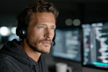 Focused caucasian male adult programmer analyzing code on dual monitors in dark office