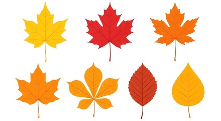 Collection of colorful autumn maple and chestnut leaves in various shapes and shades of yellow, orange, and red, isolated on a white background