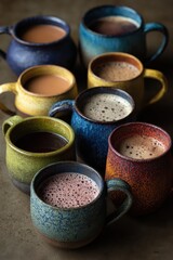 Colorful Ceramic Mugs Filled with Coffee and Hot Chocolate on Dark Surface