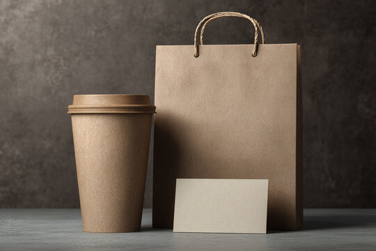 a high quality mockup image:  set of blank cafe items( coffee cup, paper shopper bag, business card) with modern  minimalist background. best use for branding and building a visual identity for cafe,  - Powered by Adobe