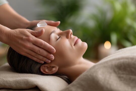 Asian adult female relaxing during crystal healing session in tranquil spa setting