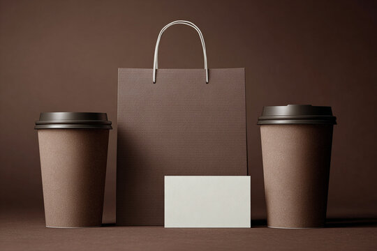 mockup image:  set of blank cafe items( coffee cup, paper shopper bag, business card) with modern minimalist coffee brown background. best use for branding and building a visual identity for cafe. 