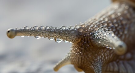 Wet Snail Antenna Covered in Water Droplets in Morning Light