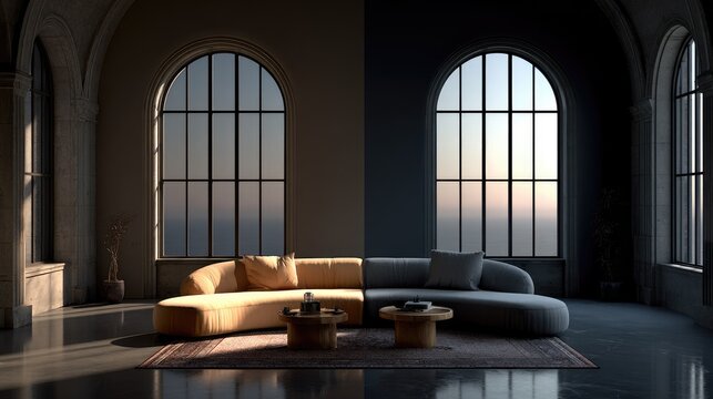Sunlit & shadowed comparison of a curved sectional sofa in a high-ceilinged room with arched windows and ocean view - Powered by Adobe