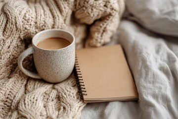 Cozy morning scene coffee, notebook, knitwear