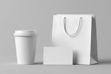 a high quality mockup image:  set of blank cafe items( coffee cup, paper shopper bag, business card) with modern  minimalist background. best use for branding and building a visual identity for cafe, 