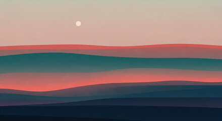 Sunset Painting Landscape with Canvas Texture, Multi-colored Paint