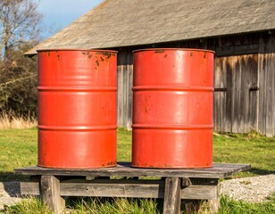 Obraz premium Two red barrels on a wooden bench, rural setting