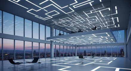 Futuristic High Tech Office Interior with Glowing Circuit Board Lights.
