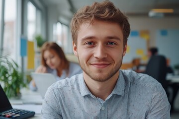 Portrait of young businessman in a shirt, smiling at the camera in the office. Behind him, an accountant uses a calculator, signing financial documents, Generative AI