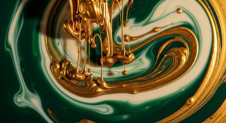 Abstract Background with Golden and Green Sage Liquid. Beautiful Swirling Paint, Dripping Liquid.