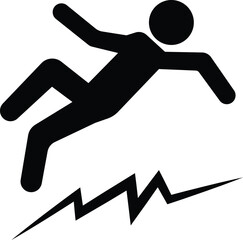 Earthquake hazard icon, falling person silhouette with seismic crack, black solid and outline pictogram vector, natural disaster safety warning, emergency alert, danger awareness design.