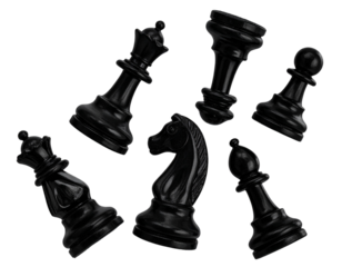 Scattered Black Chess Pieces Floating Randomly, Top-Down Perspective, isolated on transparent background png