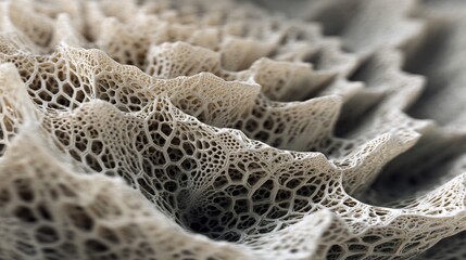 Textured, porous surface with intricate web pattern in soft light, neutral background, for design use