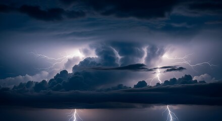 Dramatic lightning strikes illuminate turbulent storm clouds over a dark horizon
