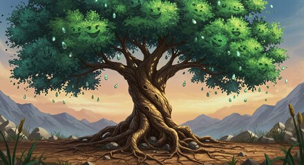 Obraz premium Whimsical Fantasy Tree with Smiling Leaves and Glowing Emerald Droplets