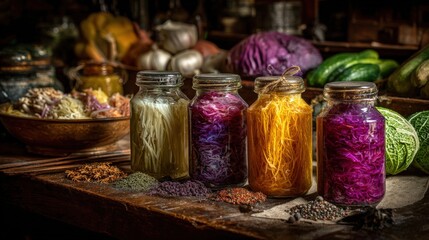 Colorful glass jars filled with vibrant dried flowers and herbs on rustic wooden table in cozy kitchen