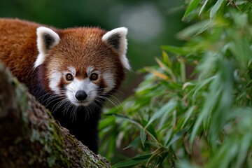 Naklejka premium Red panda resting on tree branch surrounded by greenery in natural habitat