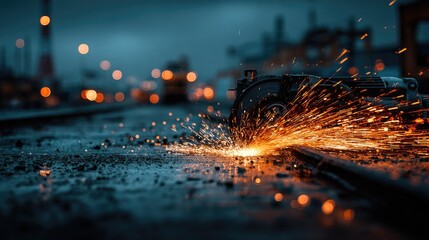 Sparks fly as a metal cutting tool slices through a rail