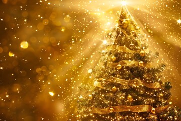 Gleaming golden Christmas tree sparkles with festive lights and shimmering ribbons, creating magical holiday cheer