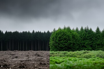 Contrast between deforested and lush green forest under overcast sky