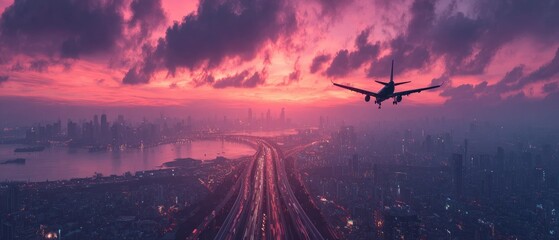 Plane descends over city at sunset