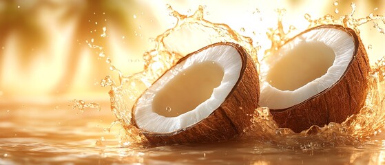 Coconut illustration with juice splash, fresh and juicy theme