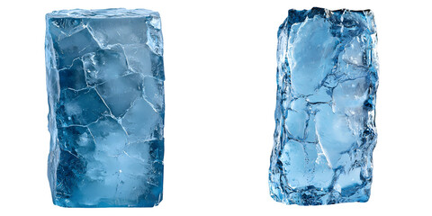 Tall blue ice block with a rough surface and frosty texture, highlighting natural cracks and cool tones on white background